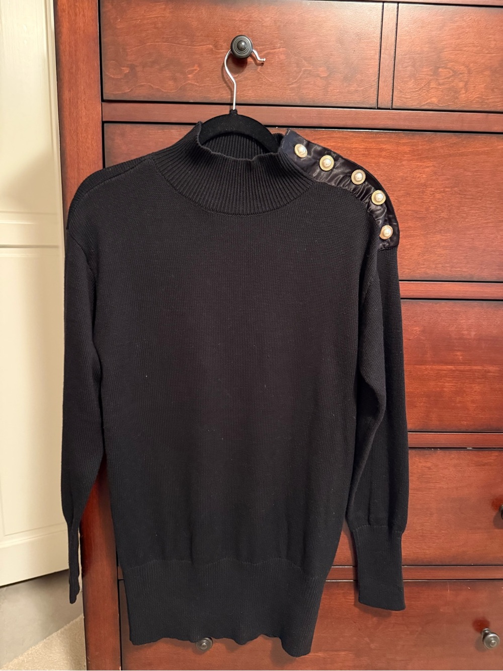 White House Black Market Black Turtleneck Sweater with Gold Button Shoulder